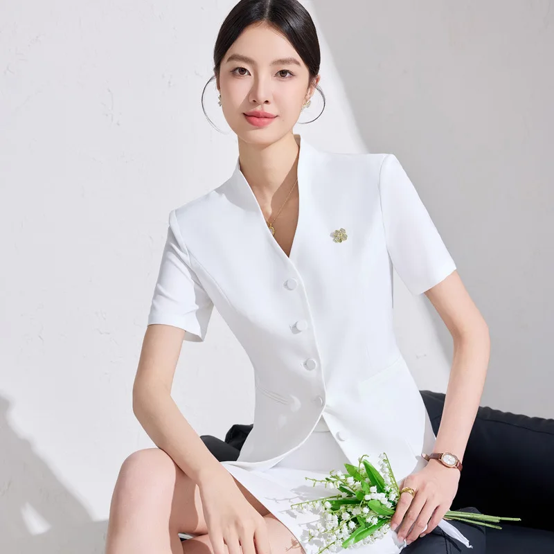 

White professional blazer for women, summer thin high-end suit, beauty salon elegant workwear
