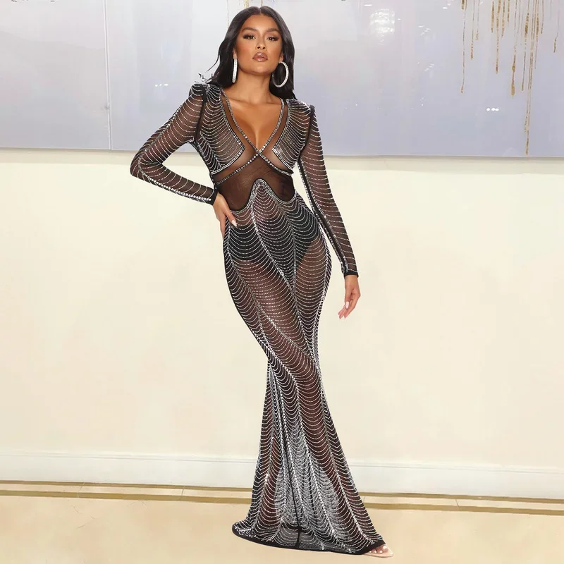 

KEXU Women Diamonds Crystal Mesh V-neck Bodycon Maxi Long Dress Hot Rhinestones Hollow Out Sexy Party Club Even Pencil Dress