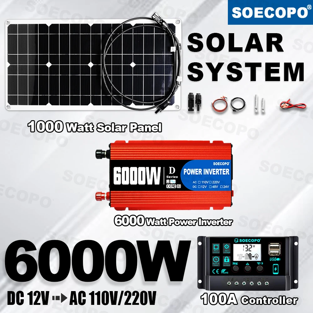Photovoltaic kit Durable 6000W Solar Kit 100A Controller 12V/24V 220V110V Inverter (650W Rate) for Picnic/RV/auto/Camp/Emergency