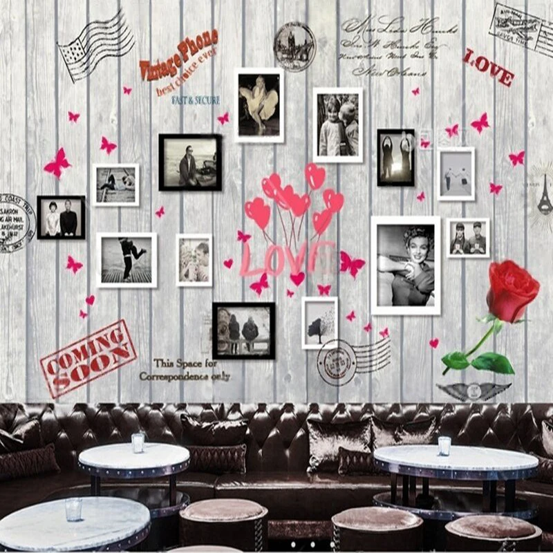 

European and American wood grain heart-shaped photos luxurious home decoration bedroom commercial decoration background wall