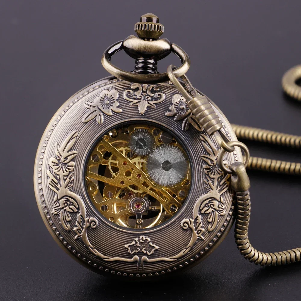 Women's Men's Pocket Watch Vintage Hollow Roman Digital Display Mechanical Movement Pocket Fob Watches with Chain Unisex Gift