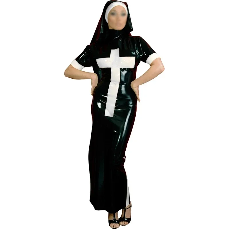 Sexy Long Latex Dress With Nun Habit Trims At Sides Headgear Cross Zip Back Rubber Uniform Bodycon Playsuit