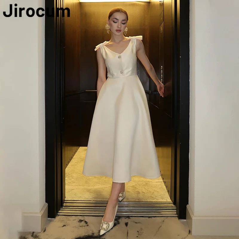 

Jirocum Elegant A-line V-neck Prom Dress Women's Bow Bead Party Evening Gowns Saudi Arabia Ankle Length Special Occasion Gown