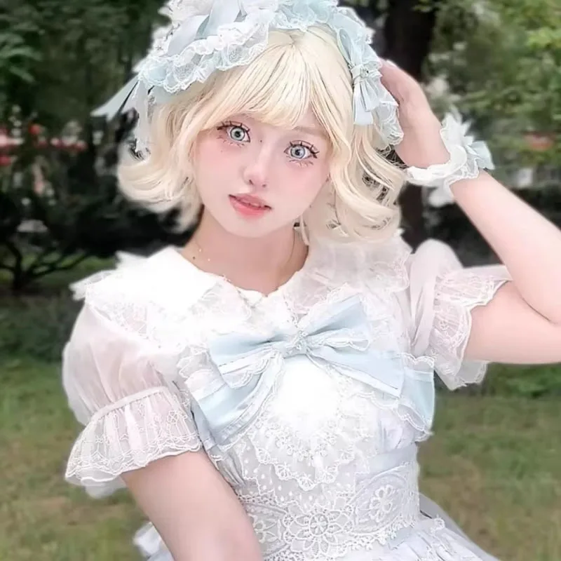 Japonês gola de boneca doce lolita rendas retalhos blusas verão feminino harajuku camisas de manga alargamento feminino jk único breasted topos