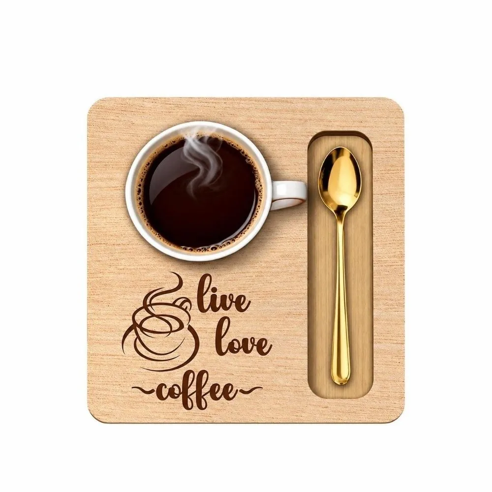 2PCS Wood Coffee Tray Cup Spoon Slot Anti-slip Coffee Coaster Square Thermal Insulation Wood Coaster Home Coffee Station