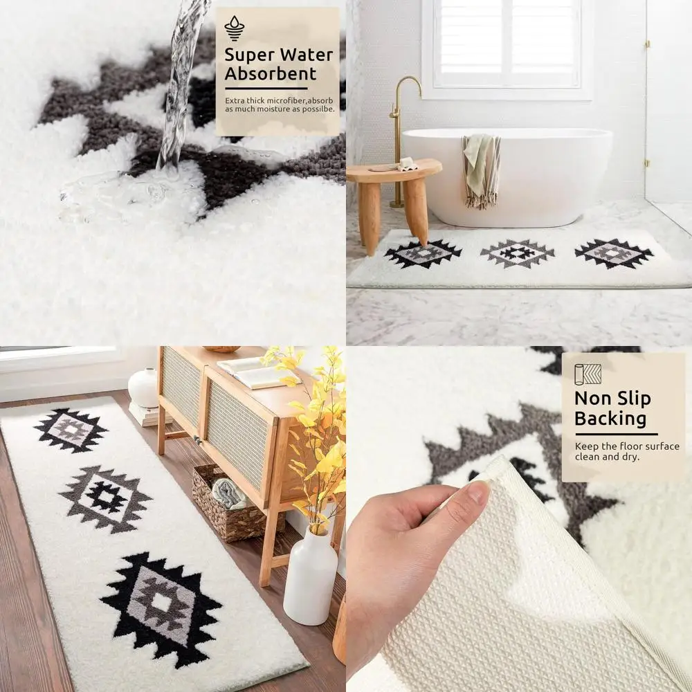 

Luxury Boho 20x47 Black & White Bath Mat, Non-Slip, Soft Absorbent Rug for Bathroom, Shower, Kitchen, Entryway with Modern Weste