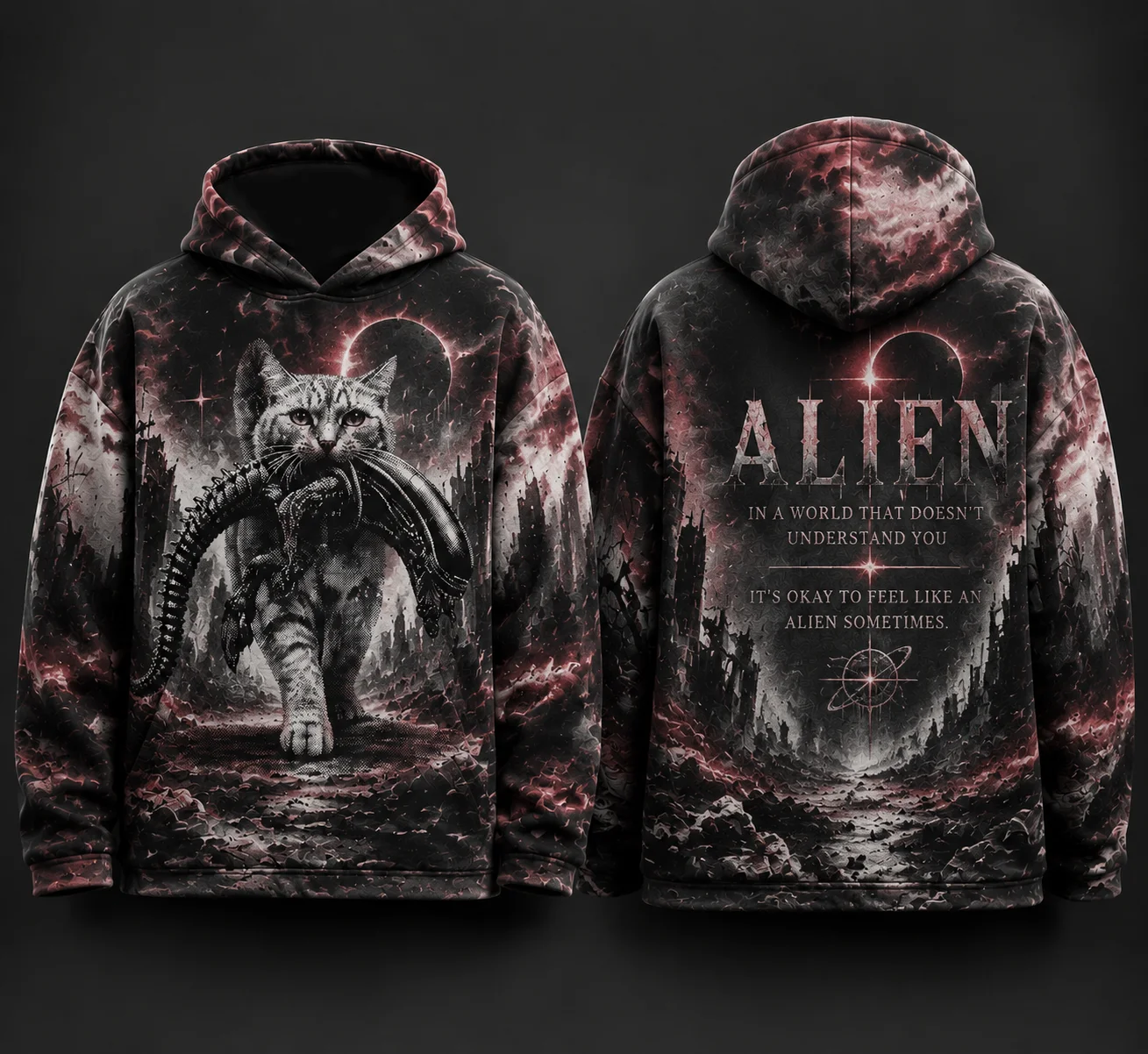 Gothic Dark Galaxy Cat Creature Graphic Hoodie Cosmic Ruins Quote Print Polyester Unisex Streetwear Long Sleeve Pullover