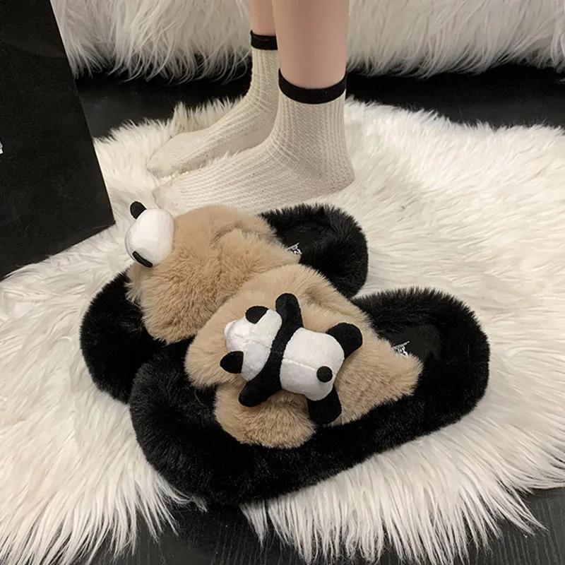 New woman platform fluffy bedroom slippers outdoor 7 cm High heel panda slipper women cross band fluffy slides animal home shoes