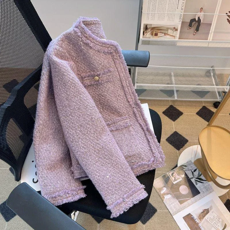 Purple Tweed Jacket Women Vintage O-Neck Metal Single Breasted Cropped Coat Autumn Winter Korean Style Elegant Jackets for Women