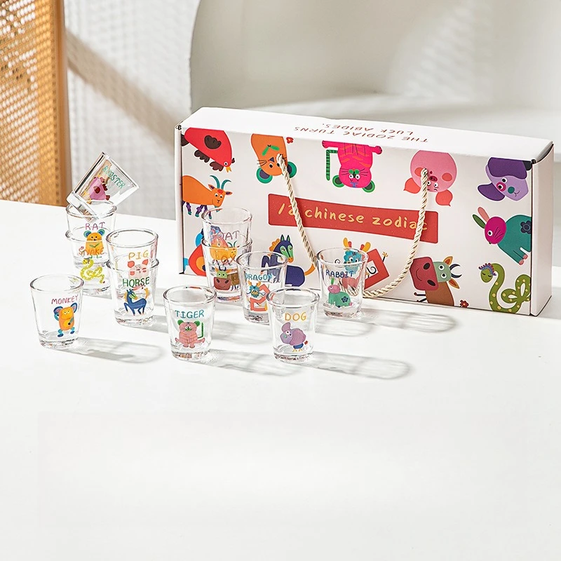 Shot Glasses Set 12Pcs 50ml Cartoon Mini Glass Cups Liquor Sake One Sip Cups Small Tasting Glasses for Home Bar Party Drinkware