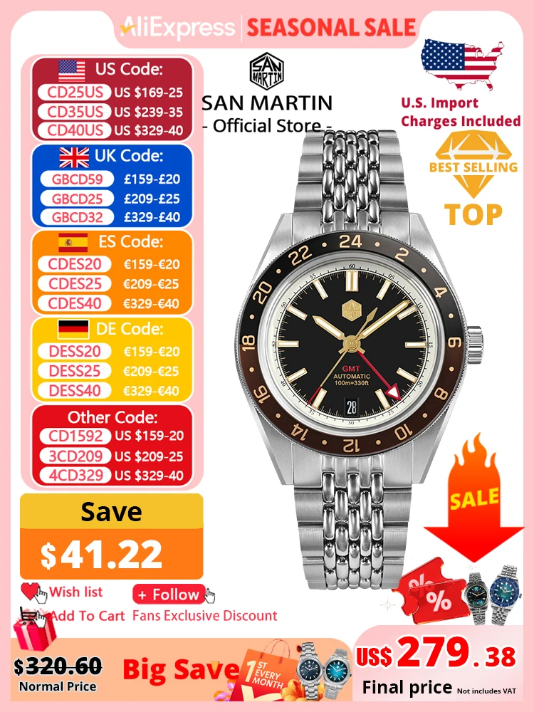 

San Martin New 39.5mm NH34 GMT Men Watch Bidirectional Aluminum Bezel Luxury Automatic Mechanical Sapphire 10Bar Luminous SN0116