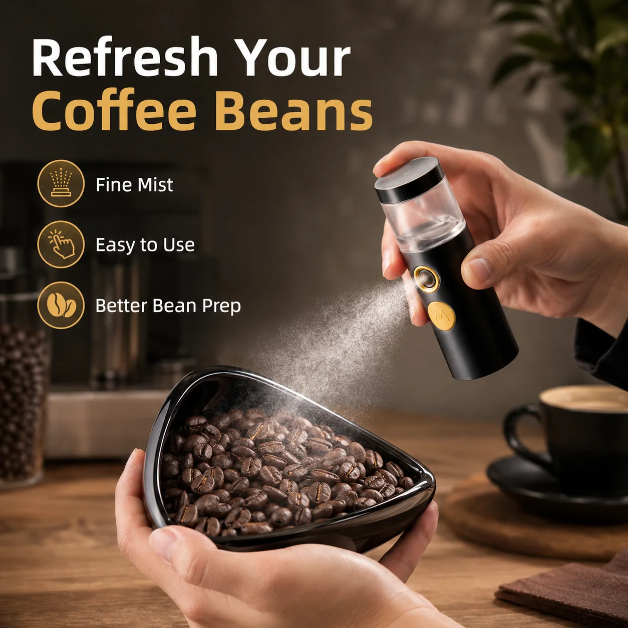 Premium Coffee Bean Humidifier Mister and Dosing Cup Set, Electric RDT Spray Bottle with Ceramic Tray Barista Accessory Packs