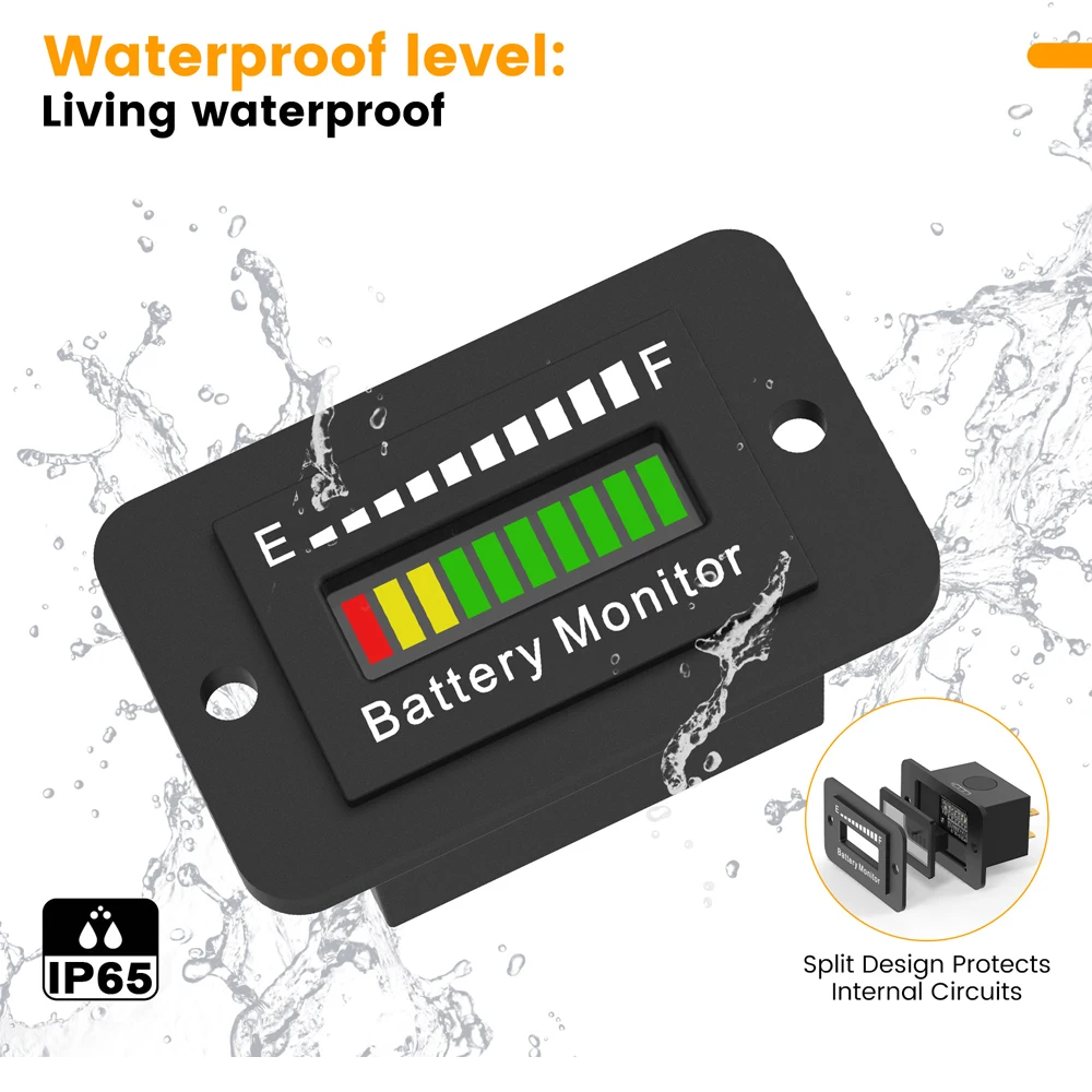 BM210 Car LED Battery Meter 12V 24V 36V 48V 60V 72V Waterproof Lithium Acid Battery Level Monitor for Car SUV Pickup Trucks Boats Golf Carts RVs Etc