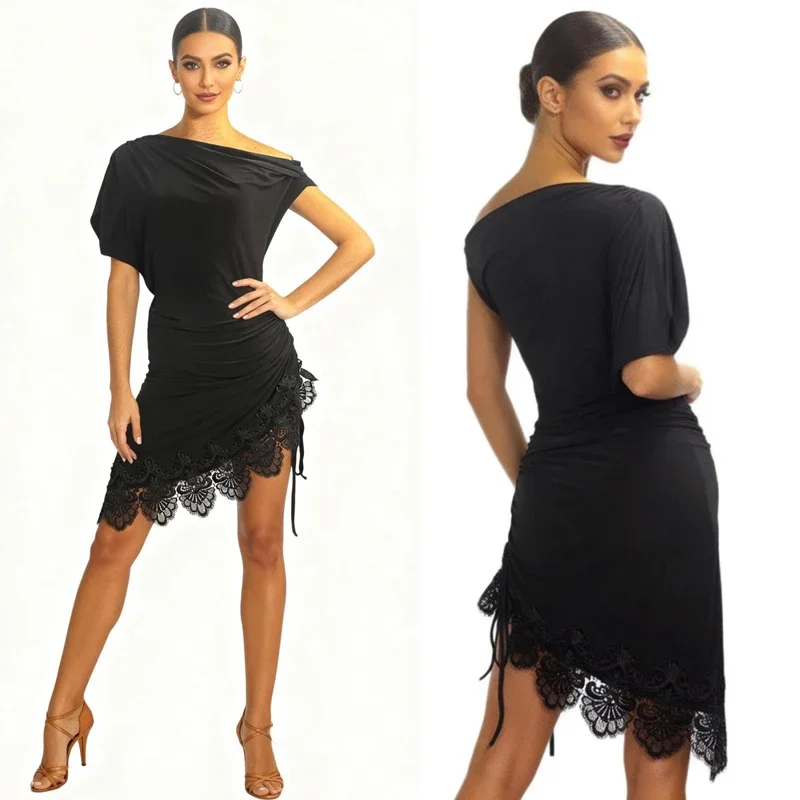 black-adult-latin-dance-dress-for-women-short-sleeve-sloping-shoulder-lace-skirt-rumba-cha-cha-competition-stage-ballroom-outfit