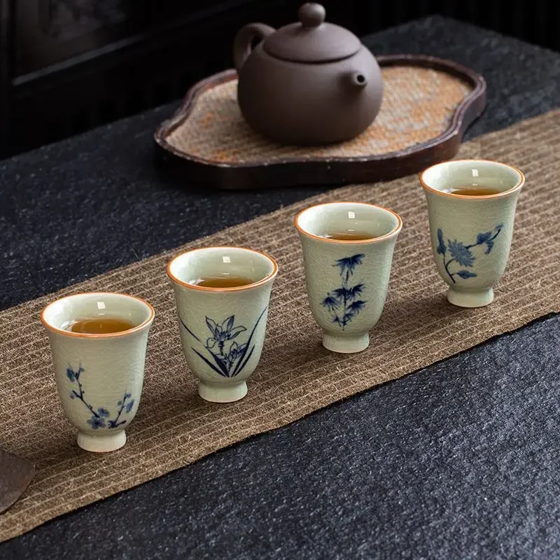 Chinese Ceramic Tea Cup Orchid Bamboo Chrysanthemum Beauty Plum Teaware Kitchen Dining Bar Pottery Grackle Glaze Teacups