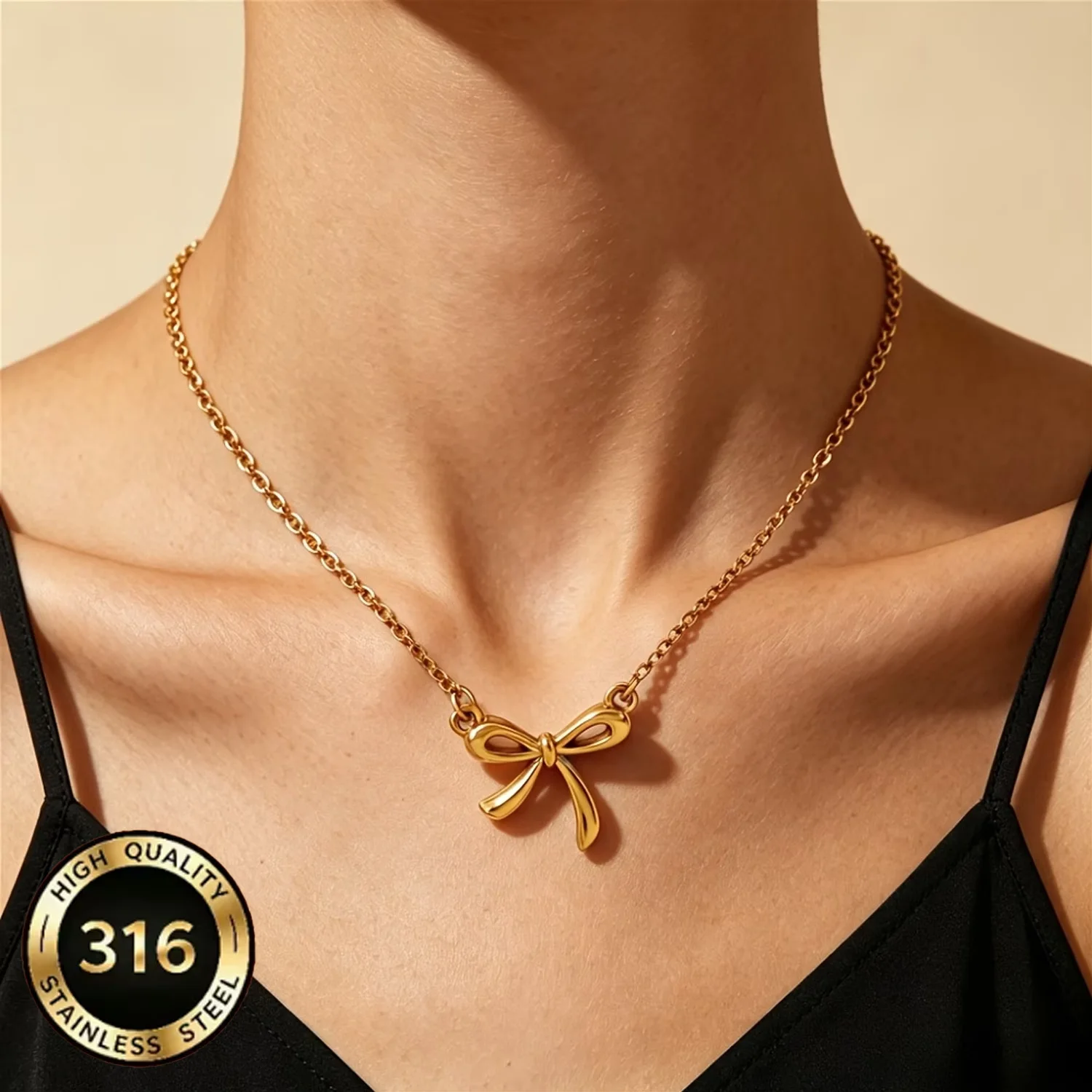 Collier pendentif nœud simple et délicat en acier inoxydable, résistant à l'eau et inaltérable, bijou doux et élégant pour femme