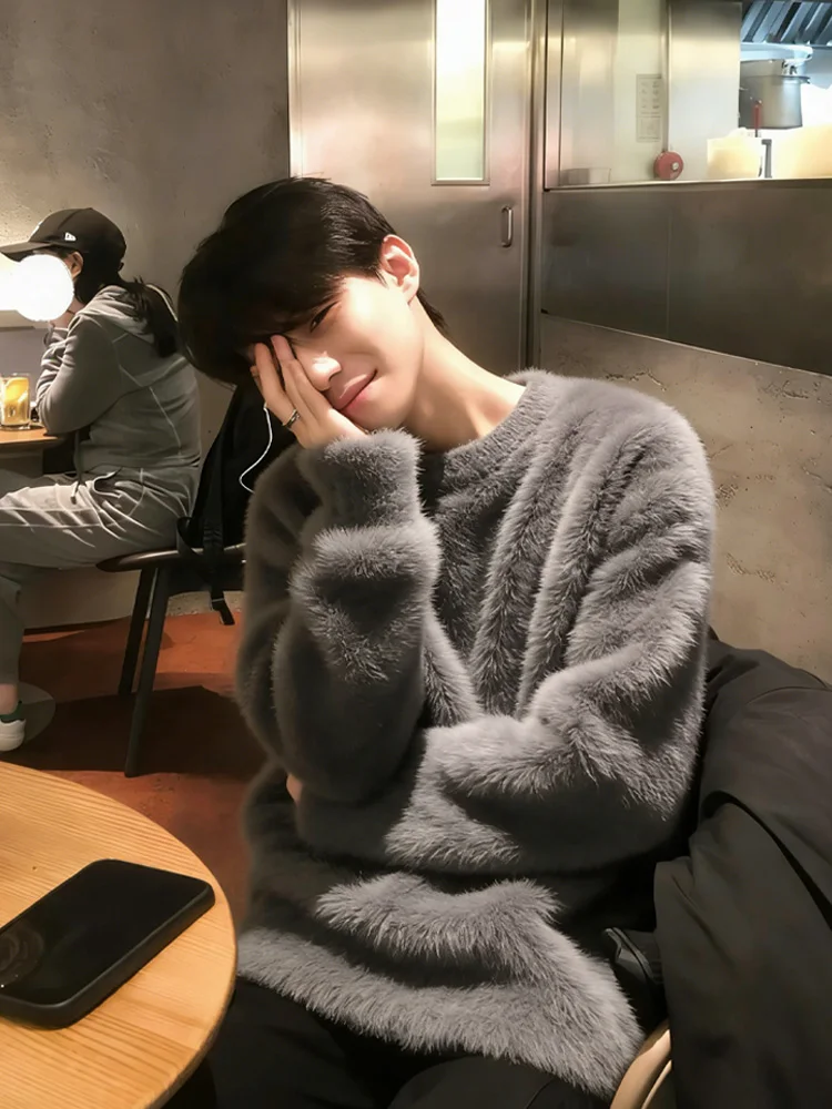 

Soft Plu Men's Knitted Sweater Thiened Fce Warm Autumn Winter Inner Wear Lazy Coat Match Loose Fit Comfortable Sle