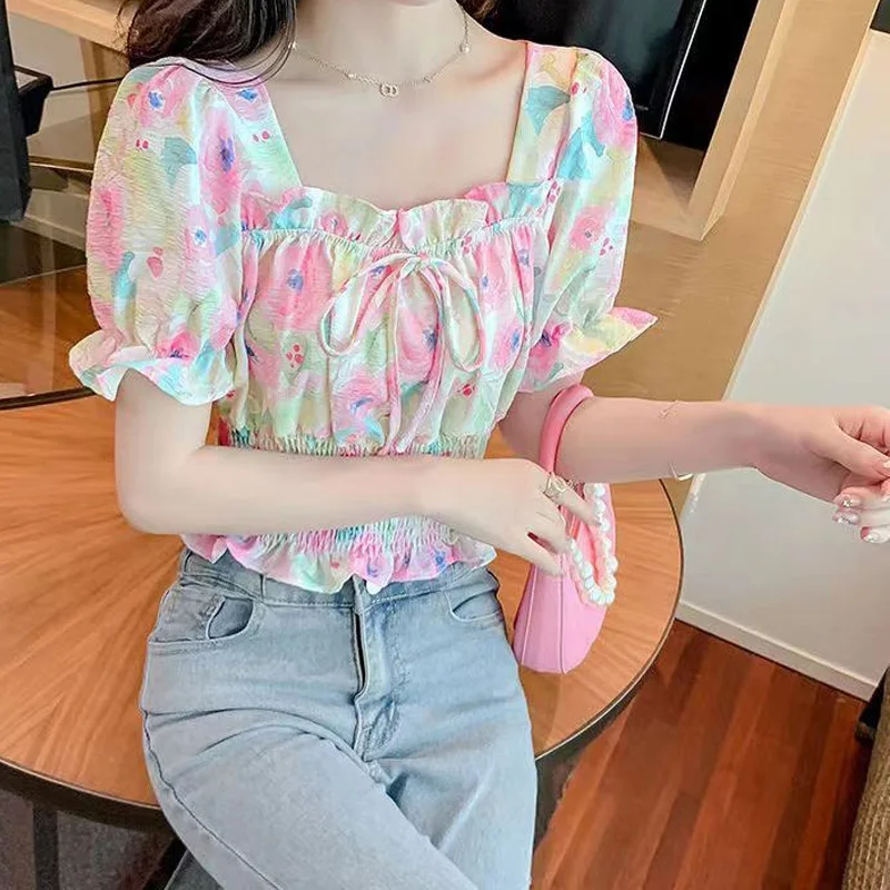 Lacing Short Sleeve Printing Blouse Summer New All-match Slim Pleated Fashion Short Shirt Tops Elegant Sweet Women Clothing