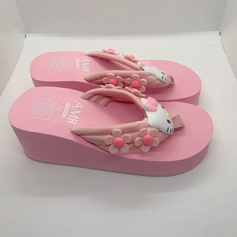 Sanrio Hello Kitty Melody Trend Flip Flops For Women Y2k Sweet Thick Sole Anti-slip Sandals Holiday Beach Slipper Casual Shoes