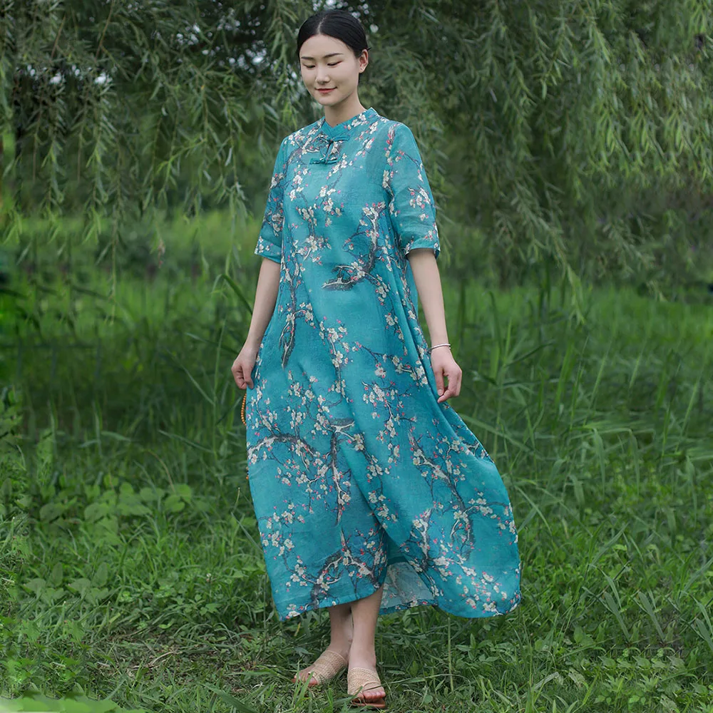 

womens Ramie Tencel Chinese-Style Half-Sleeve Dress Retro Stand Collar Disk buckle Floral Print Summer Fitted Casual Long Dress