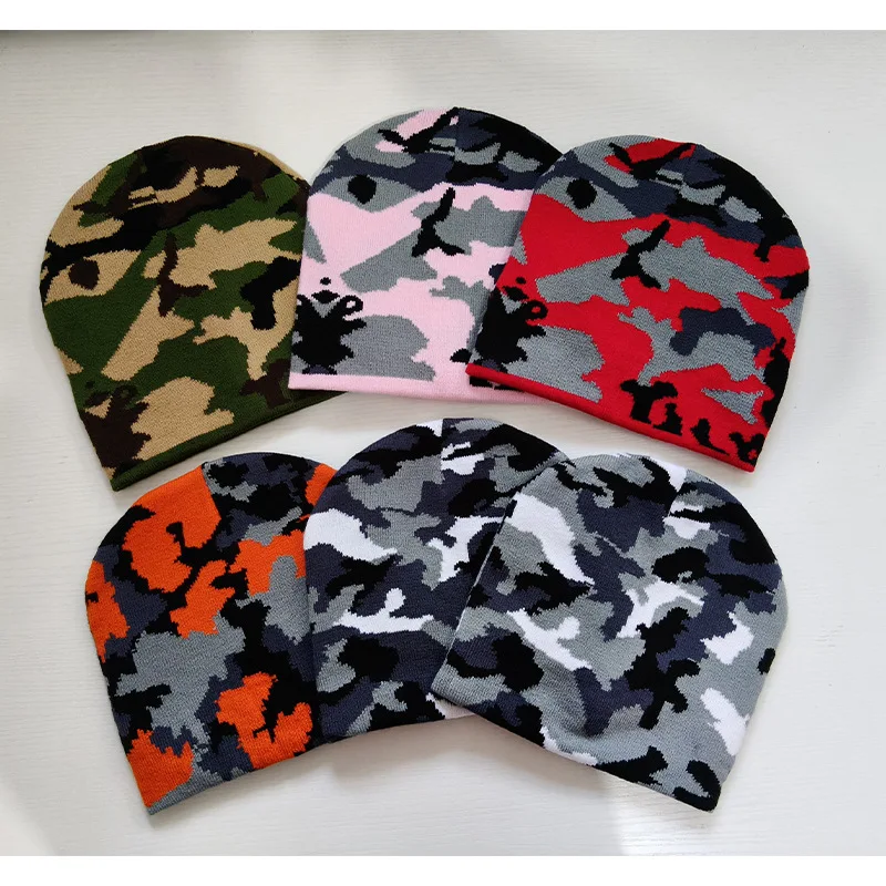 Camouflage Jacquard Knitted Beanie, Fall Winter Dome Warm Outdoor Casual Cold Hat