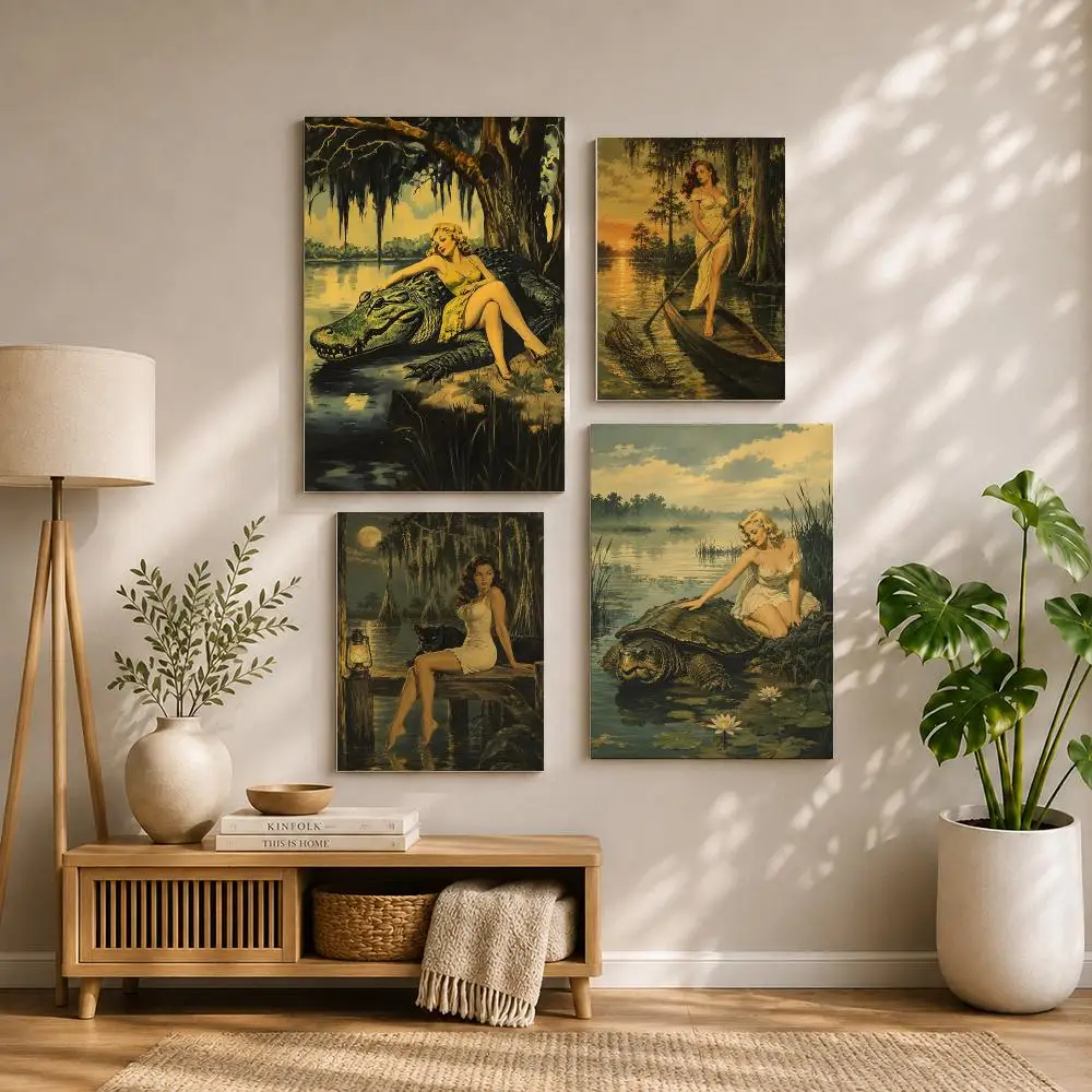 Vintage Swamp Pin Up Lady Art Poster HD Self Adhesive Waterproof Wall Art Ideal for Home Office Dorm Bedroom Great Gift