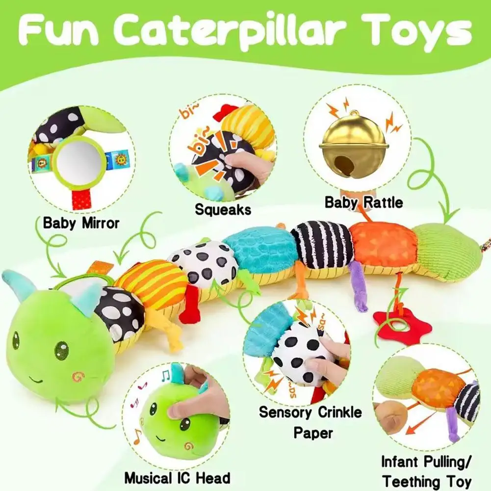 Musical Caterpillar Plush Toy with Crinkles and Rattles Sensory Toy for Kids Cute Tummy Time Toys Soft Sensory Toys