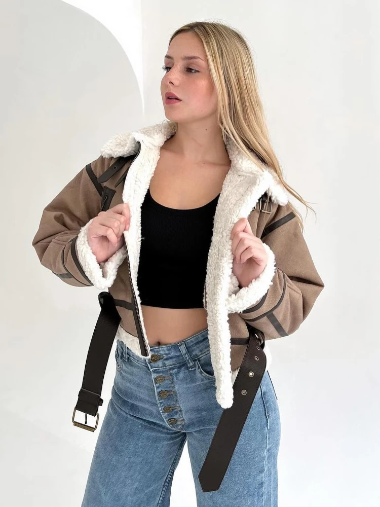 ZBZA Women Warm Faux Shearling Jacket Coat Long Sleeve Flip Lapel Zip Hem Belted Short Thick Jacket Winter New Female Outerwear