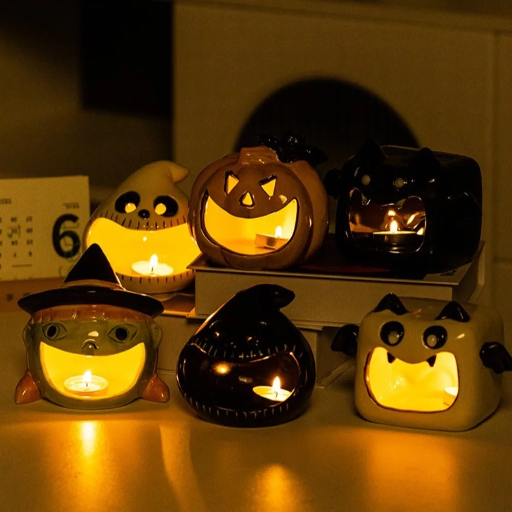 

Spooky Cute Halloween Pumpkin Candlestick Ceramic Newly Halloween Candy Dish Cartoon Desktop Decoration Bat Candle Holder Gift