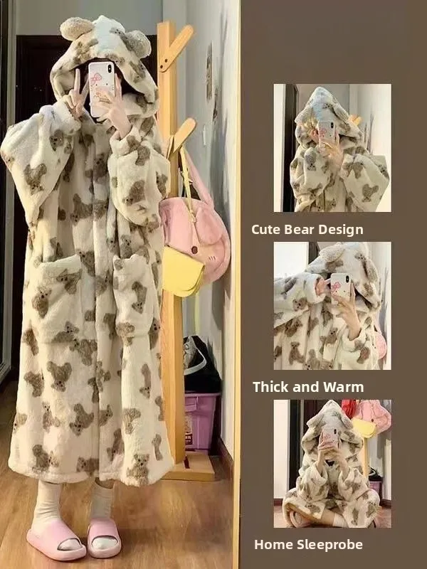 Winter Bear Women's Sleepwear Coral Fleece Cute Sweet Thickened Velvet Warm Hooded Long Robe Home Clothes Polyester Fiber