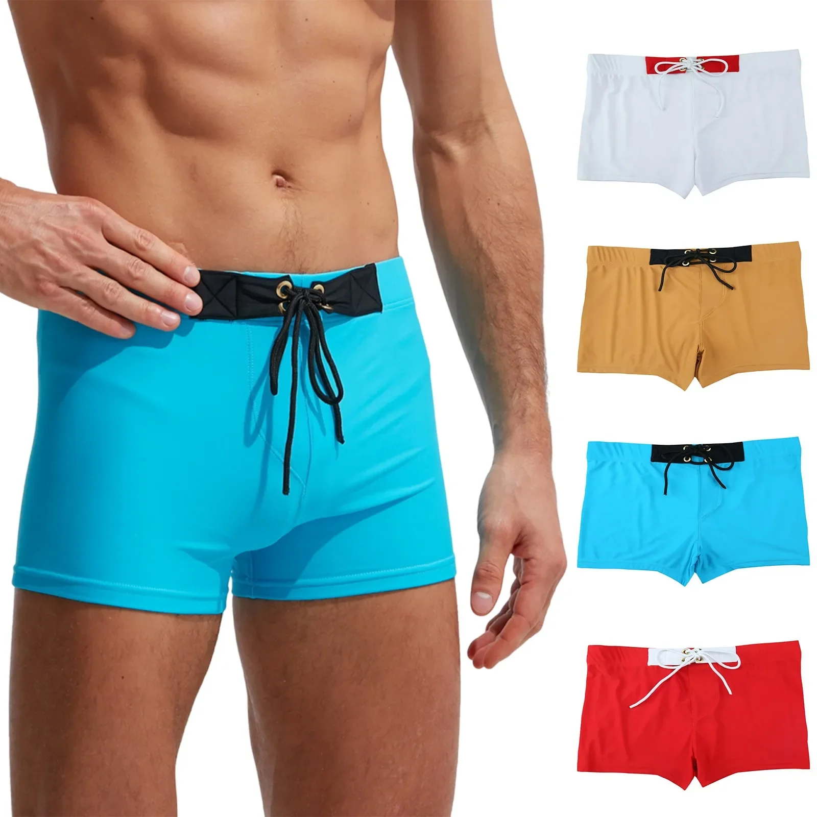 

Sexy Men's Swimming Boxers Summer men's beach sports shorts Solid color drawstring Swimming trunks Beach Board Shorts