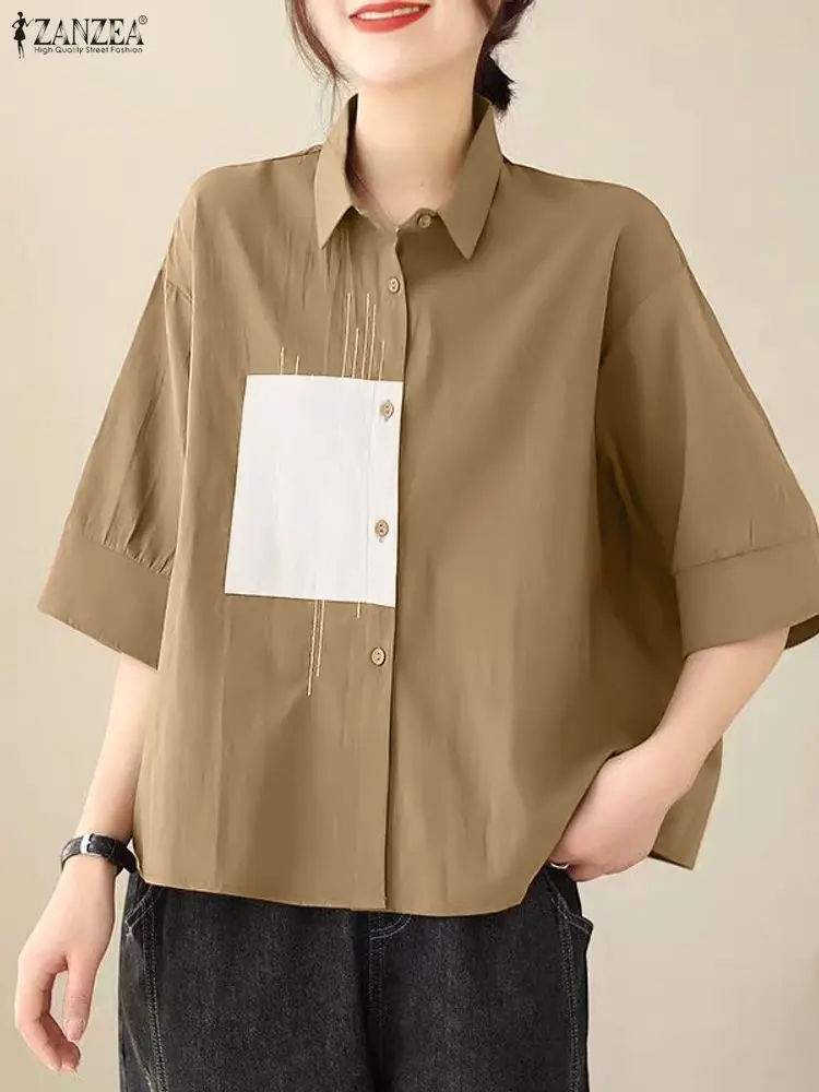 

ZANZEA женские модные рубашки с вышивкой, летние повседневные однотонные блузки с пышными рукавами, элегантные офисные блузки с лацканами, винтажные топы Femininas