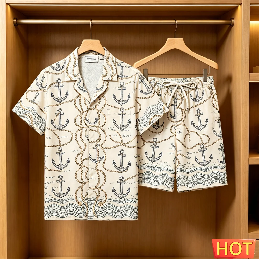 Men's 2 Piece Hawaiian Set Nautical Anchor Print Shirt Shorts Summer Beach Casual Outfit Retro 2 Piece Set Men's Y2k Clothing