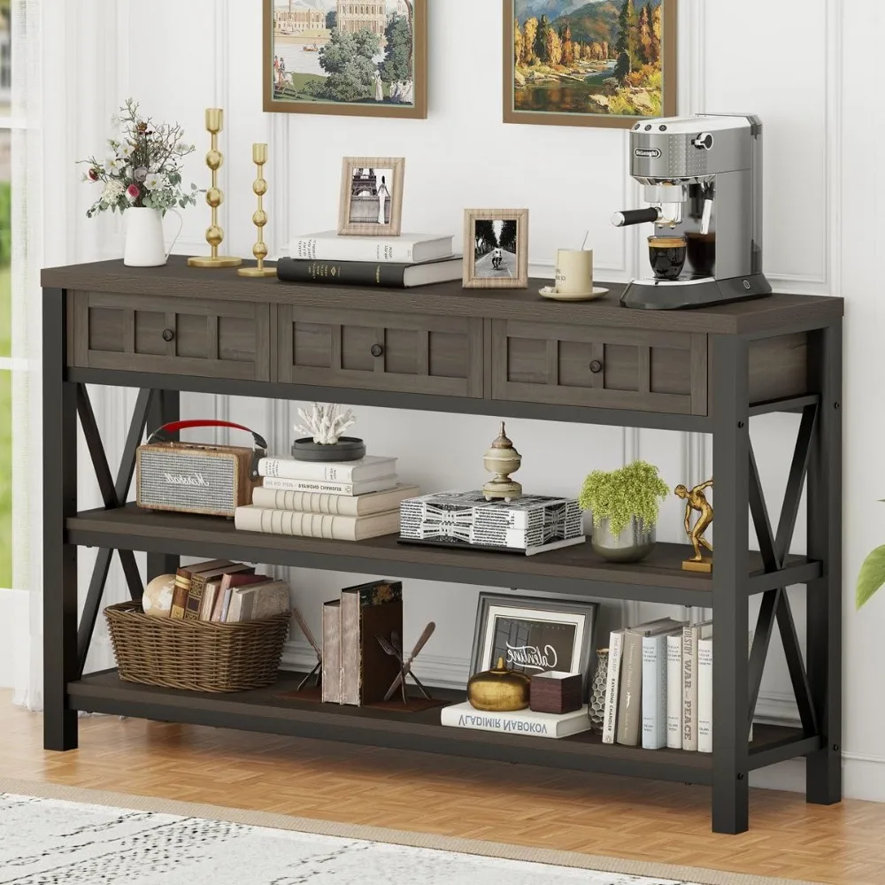 Industrial Console Table for Entryway, Rustic Sofa Table with 3 Drawers for Living Room, Farmhouse Hallway Table and Cou