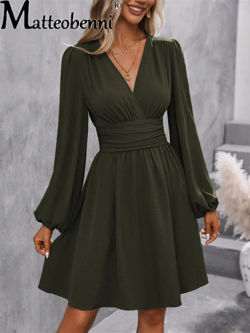 

Spring Autumn Solid Color Elastic Waist Dresses Women Elegant Fashion V Neck Long Sleeve Dress Female Office Casual A-line Gown