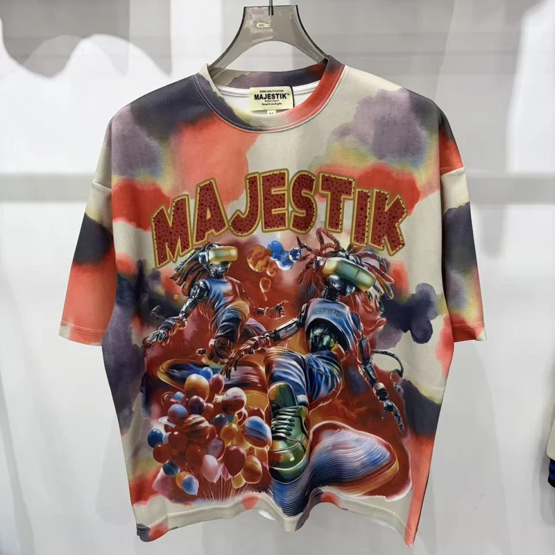 Summer New Color Stamped Diamond-print MAJESTIK T-shirt Fashionable Round-neck High-quality Short-sleeve Tee