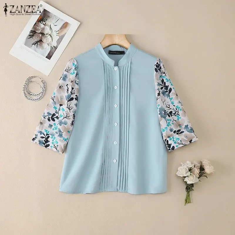 ZANZEA Camicie eleganti con maniche a 3/4 stampate floreali Moda donna Colletto alla coreana Button Up Pintuck Patchwork Camicette Primavera Donna Top