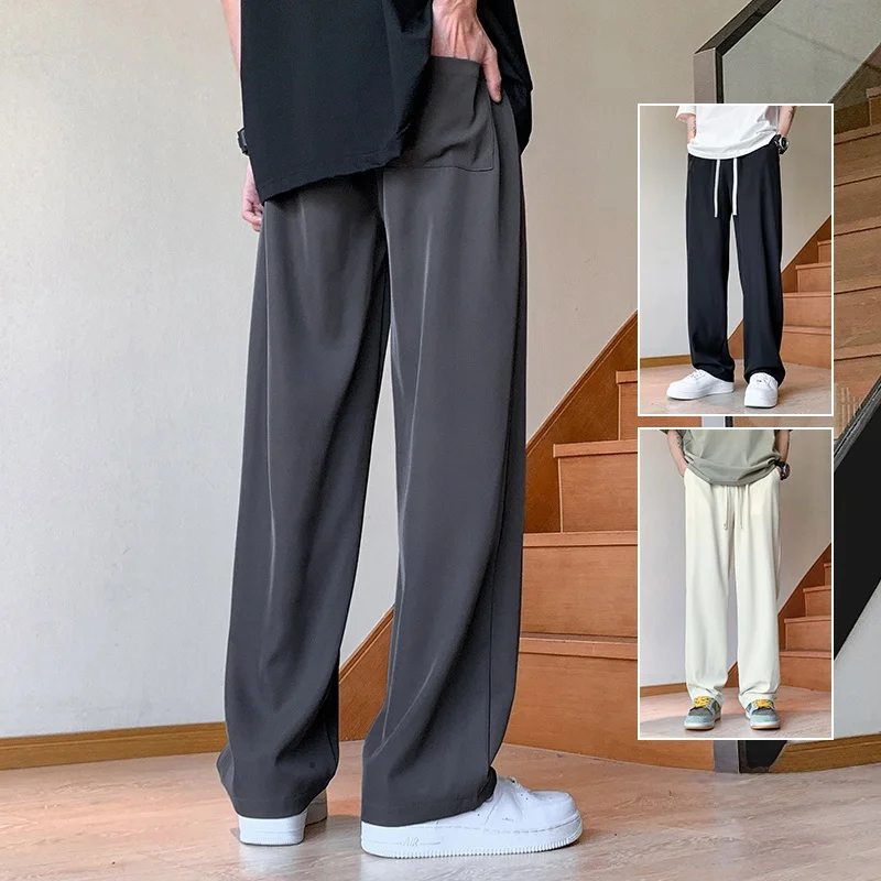 

Summer Thin Ice Silk Qui Dry Men's Long Pants 2024 New Trendy Straight Leg Wide Leg Casual Trousers Breathable Polyester Fiber