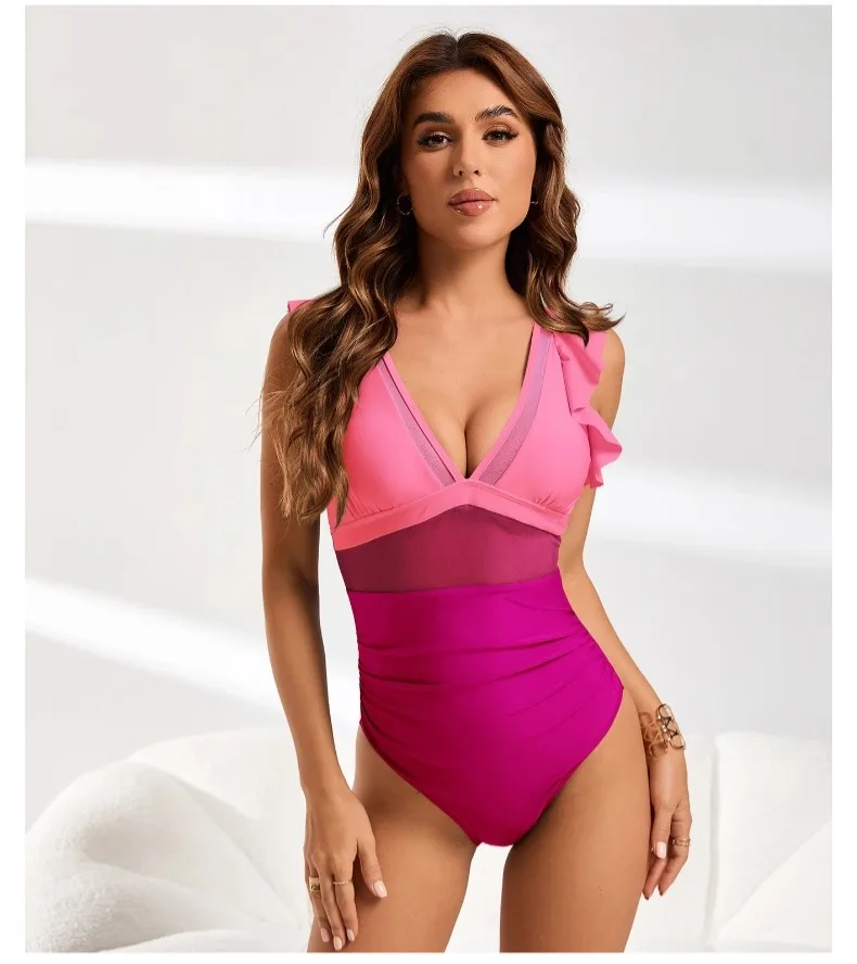 2025 neue Einfarbig Rüschen Mesh Badeanzug Spleißen einteiliges Badeanzug Weibliche Sexy Tiefe V Geraffte Bikinis