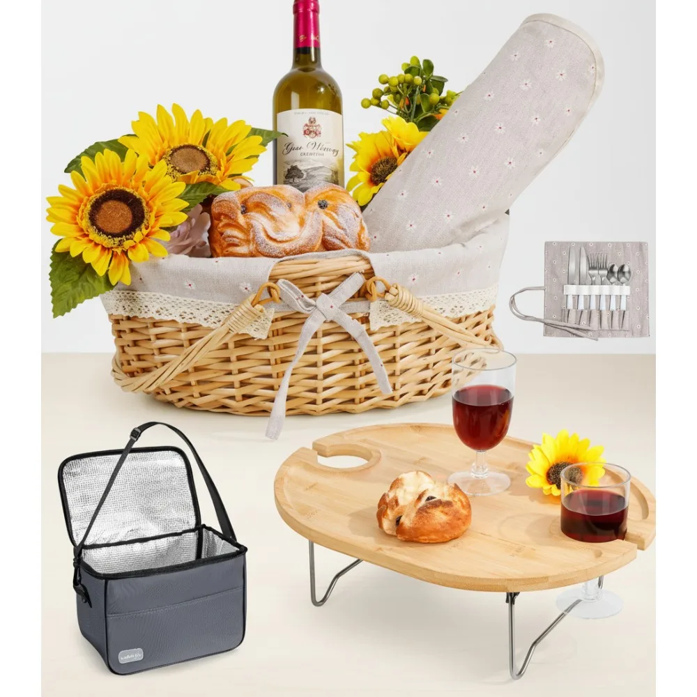 

Portable Picnic Basket Set for 2 with Folding Table, Insulated Cooler Bag & Waterproof Blanket - Perfect Outdoor Date Essentials
