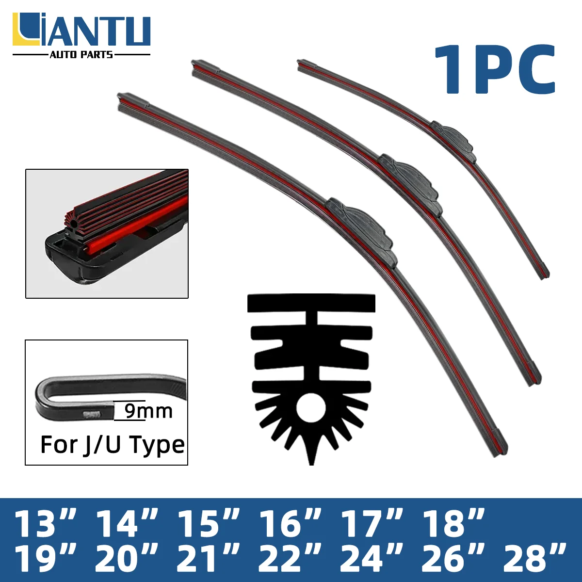 

1pc Car 11 Layer Rubber Strip J/U-Shaped Wiper Blade 13 "14" 15 "16" 17 "18" 19 "20" 21 "22" 24 "26" 28 "30" Automotive Parts