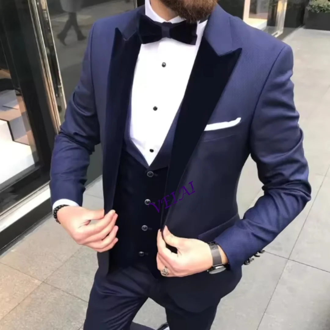 

CustomizedBlue Men Suits Black Peak Lapel Slim Fit Costume Homme Wedding Groom 3 Pcs Terno Masculino Prom Party Blazers Jacket+P
