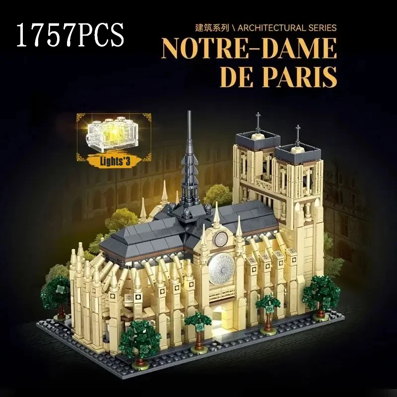 1757 pçs notre dame de paris blocos de construção modulares modelo com luzes moc montagem arquitetura conjuntos de construção brinquedos crianças presentes