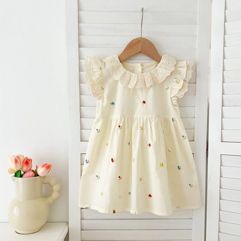 فستان بناتي بأكمام طائرة صيفي جديد لطيف مطرز ومطبوع فستان الأميرة ملابس الأطفال الصغار من عمر 2 إلى 6 سنوات ملابس بياقة مكشكشة