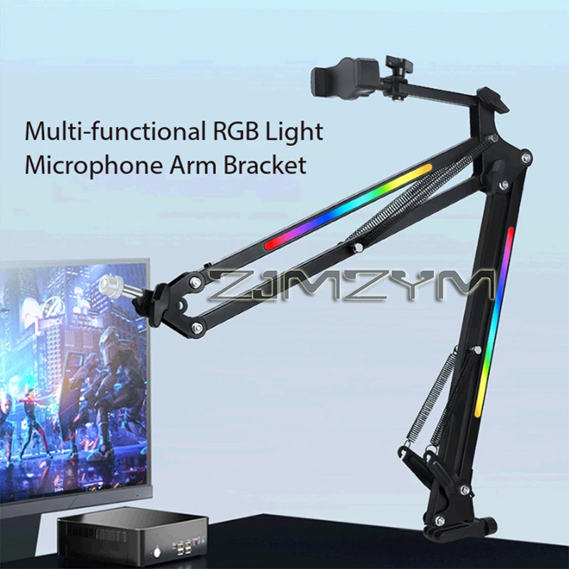 RGB USB Condenser Microphone Boom Arm Stand with Touch Button Gaming Desktop Mic for Live Streaming