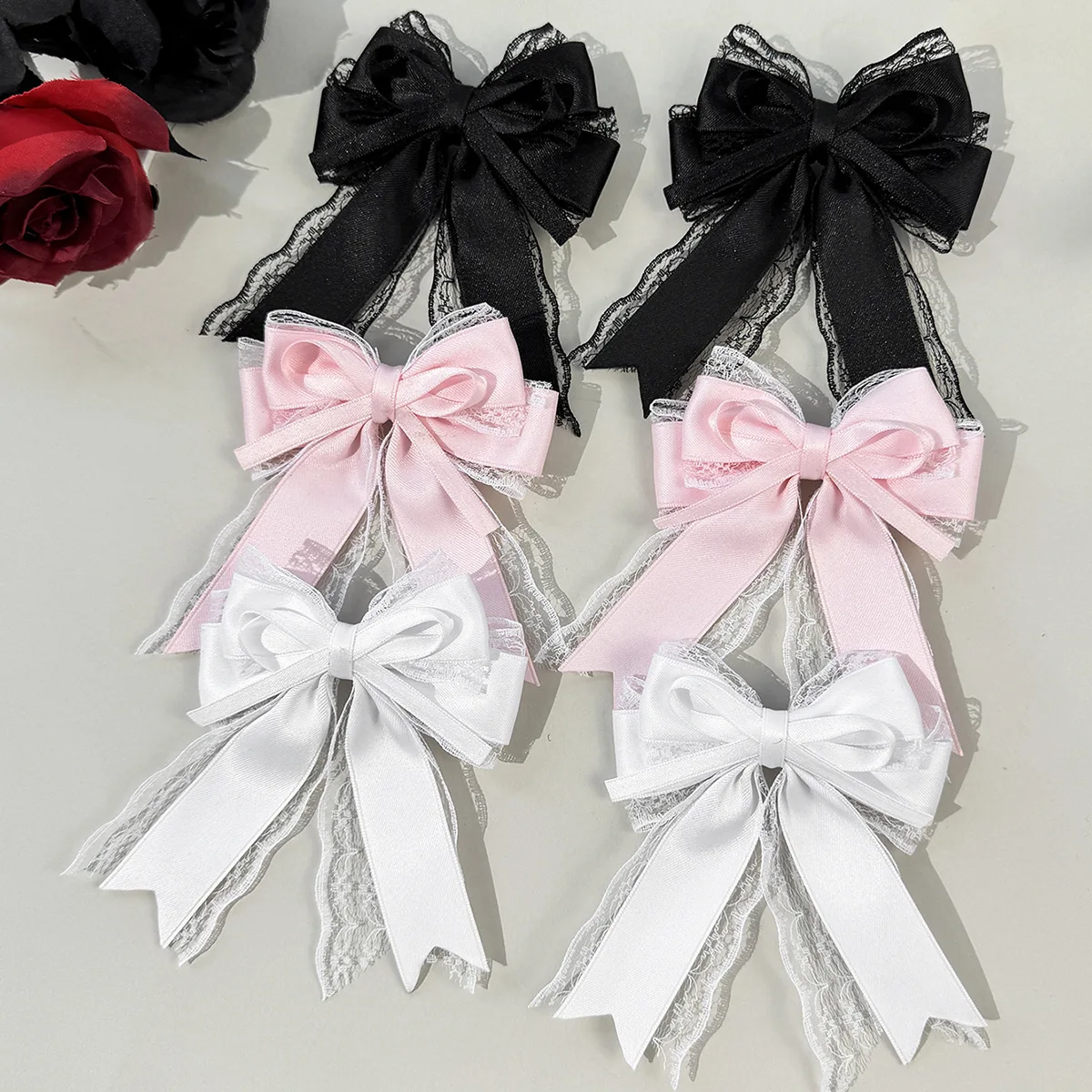 30個入りプリンセスヘアアクセサリーセット-ヴィンテージレース刺繍ボウクリップ-ロングタッセル付き-女性と女の子向け-ロリータスタイルヘアグリップ