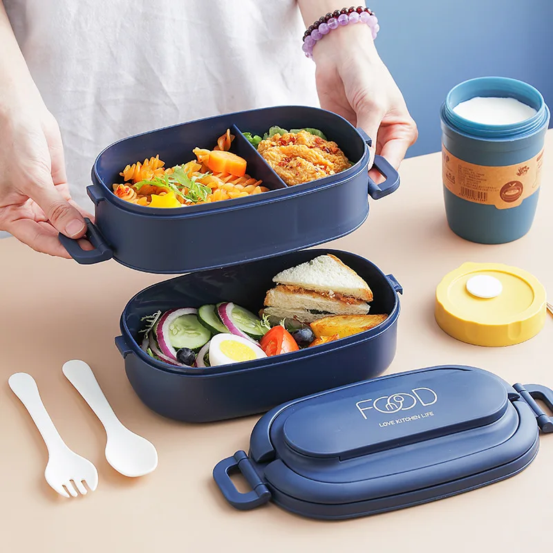 Portable Microwave-heated Student Lunch Box Double-layer Bento Box Japanese Style Partition with Tableware Lunch Box