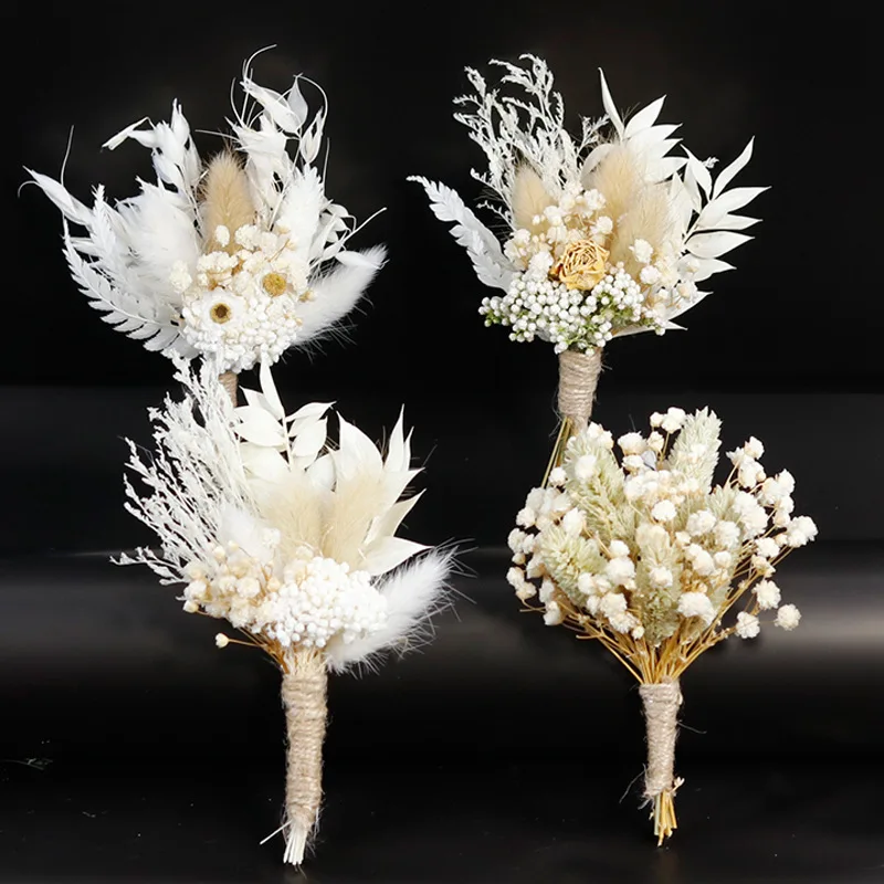 Elegant Dried Flower Corsage Bride Bridesmaid Buttonhole Brooches Pins Women Bridal Wedding Evening Prom Party Accessories