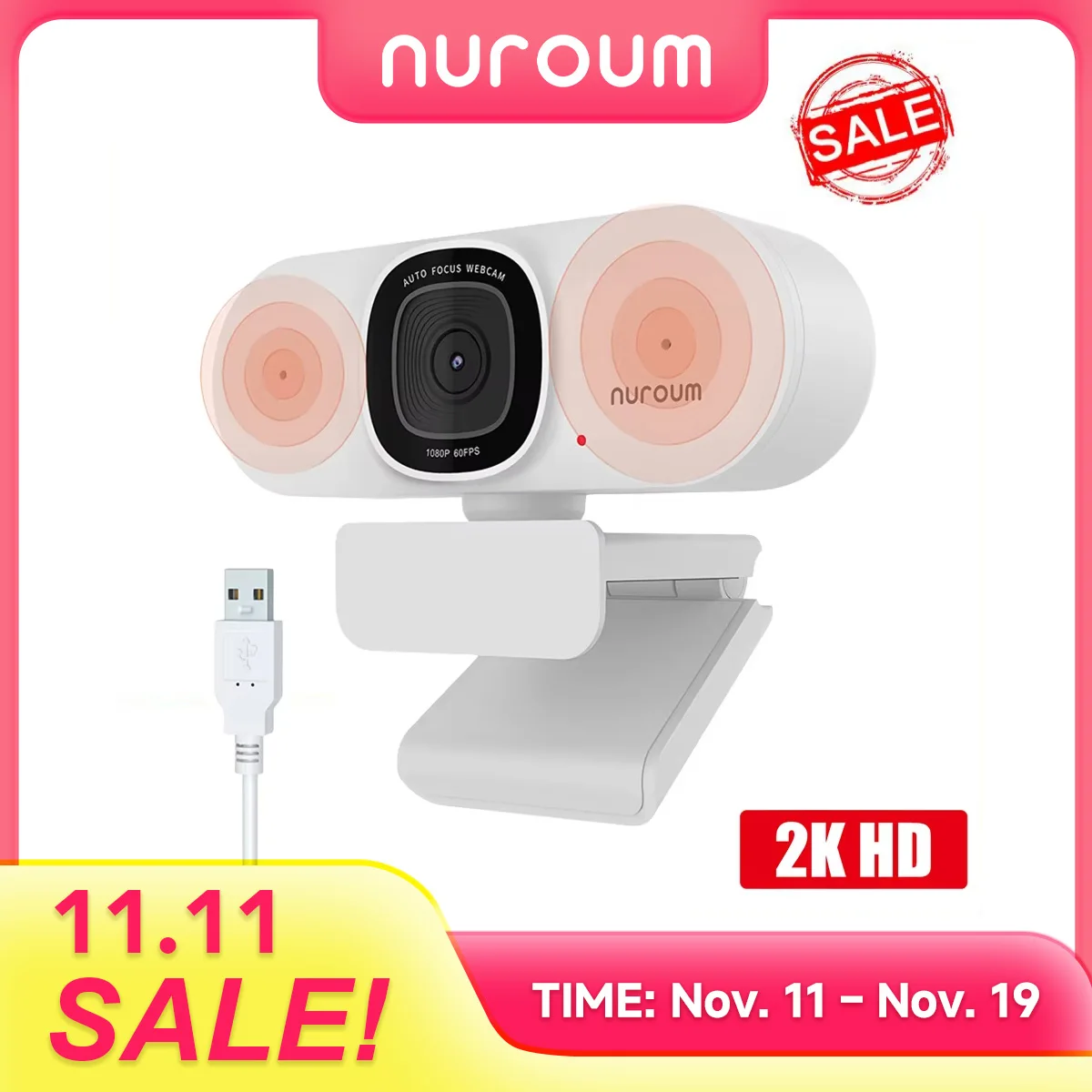 

NUROUM V15-AF 2K Full HD Webcam with AI Noise Suppression Microphone Camera Plug-and-Play For Computer Laptop