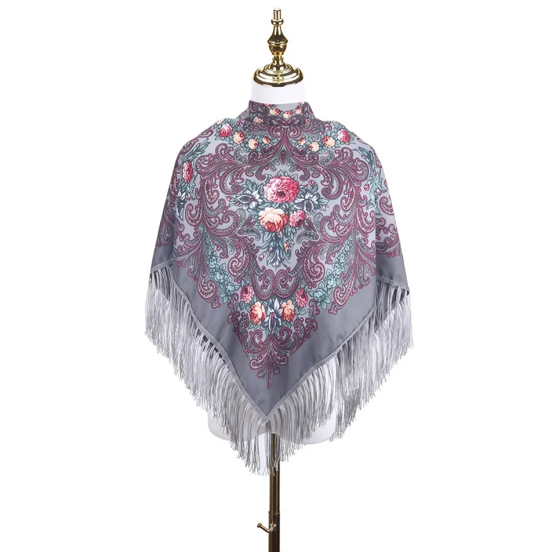 

Russian Women's Fashion Tassel Square Scarf Shawl Floral Printed Bohemia Cape Wrap with Short Tassel Headband Lady's Accessory